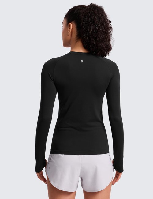 CRZ YOGA Seamless Long Sleeve Shirts for Women Hip Length - Workout Athletic Running Gym Yoga Tops Breathable Crewneck Tshirt Black Medium