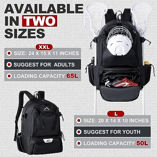 GoHimal Extra Large Lacrosse Backpack with Dual Stick Holders - Black L
