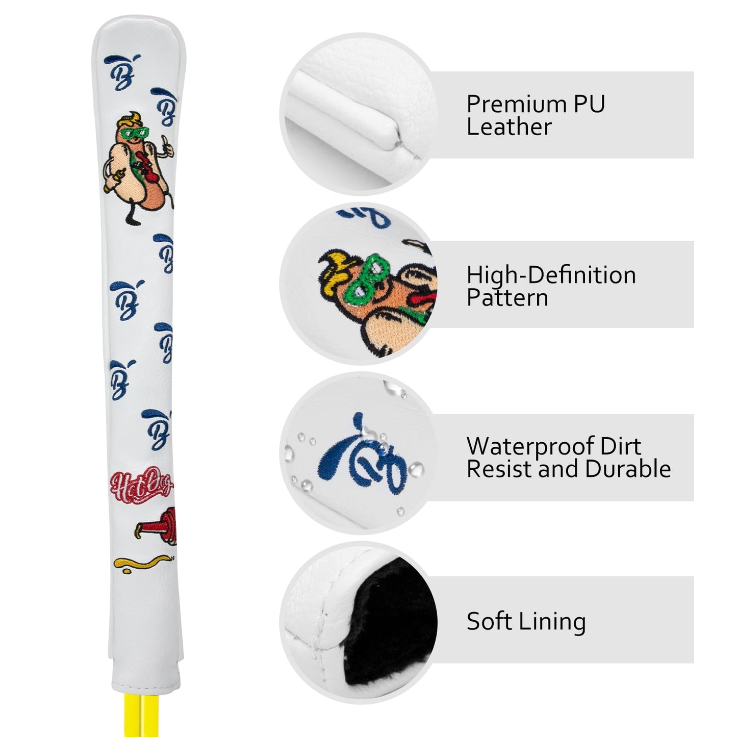 BAIRBRE Golf Alignment Stick Cover Hot Dog Design Premium Leather Golf Cover for Alignment Stick Holds 2 Sticks, White