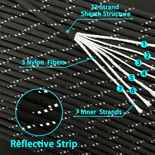 550 Paracord Rope - Reflective Nylon Cord, 4MM, 100FT - Black