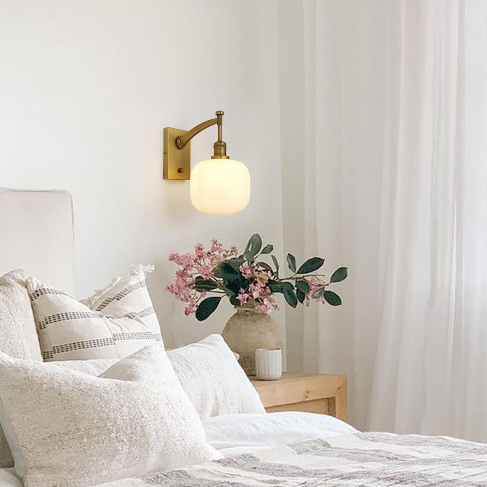 Pathson Milk White Glass Wall Sconce with Switch, Hardwired Wall Vanity Light, Mid-Century Vintage Wall Lamp Fixture or Living Room Farmhouse Bathroom Bedside Lighting