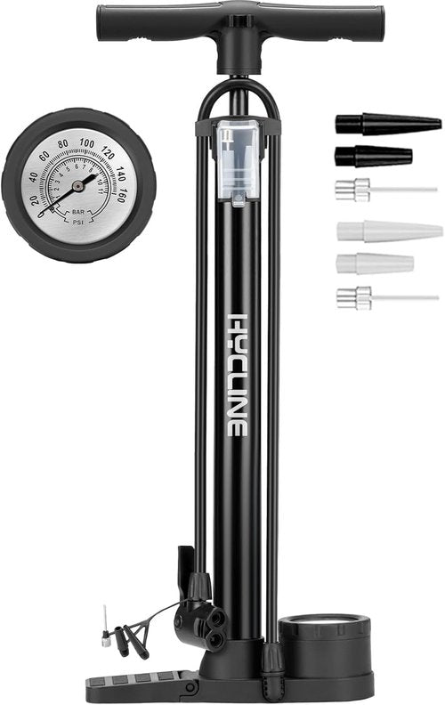 Hycline Bike Pump - 160 PSI High-Pressure Floor Pump with Gauge for Road, MTB & BMX Tires
