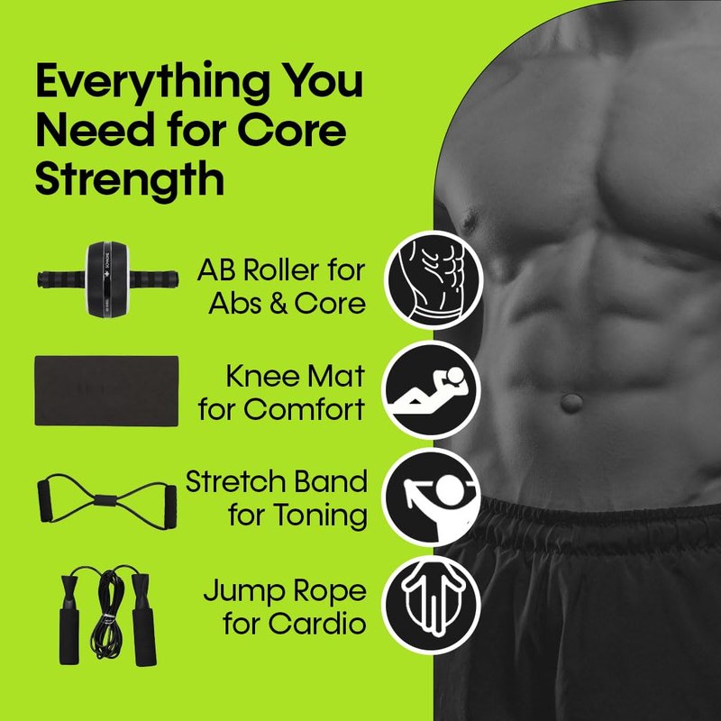 SovaOne Ab Roller Wheel – 4-in-1 Ab Roller Kit with Knee Mat, Jump Rope & Resistance Band – Core & Abs Workout Equipment for Home Gym – Abdominal Exercise Wheel for Men & Women