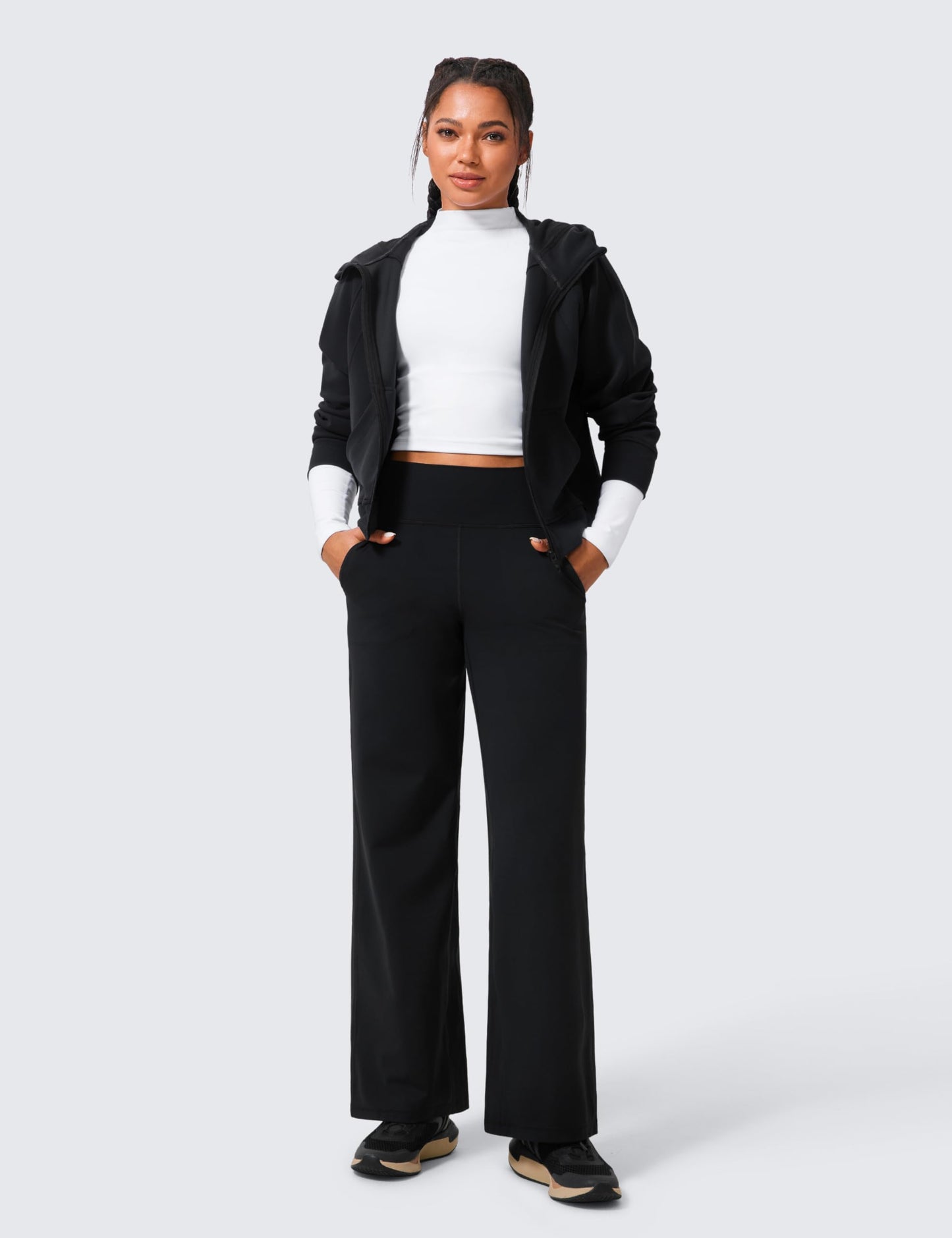 CRZ YOGA Womens Butterlift High Waisted Wide Leg Pants with Pockets 31" - Yoga Lounge Pants Buttery Soft Comfy Casual Black Large