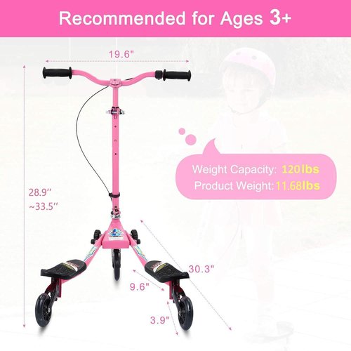 AODI Swing Scooter for Kids, 3 Wheels Foldable Wiggle Kick Scooter Push Drifting with 4 Adjustable Handlebar & 2 Rear LED Wheel for Boys and Girls Ages 3-8