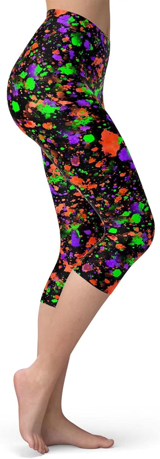 Sissycos Women's Cropped Capri Leggings - Artistic Splash Print, Buttery Soft Comfort, 21" Length