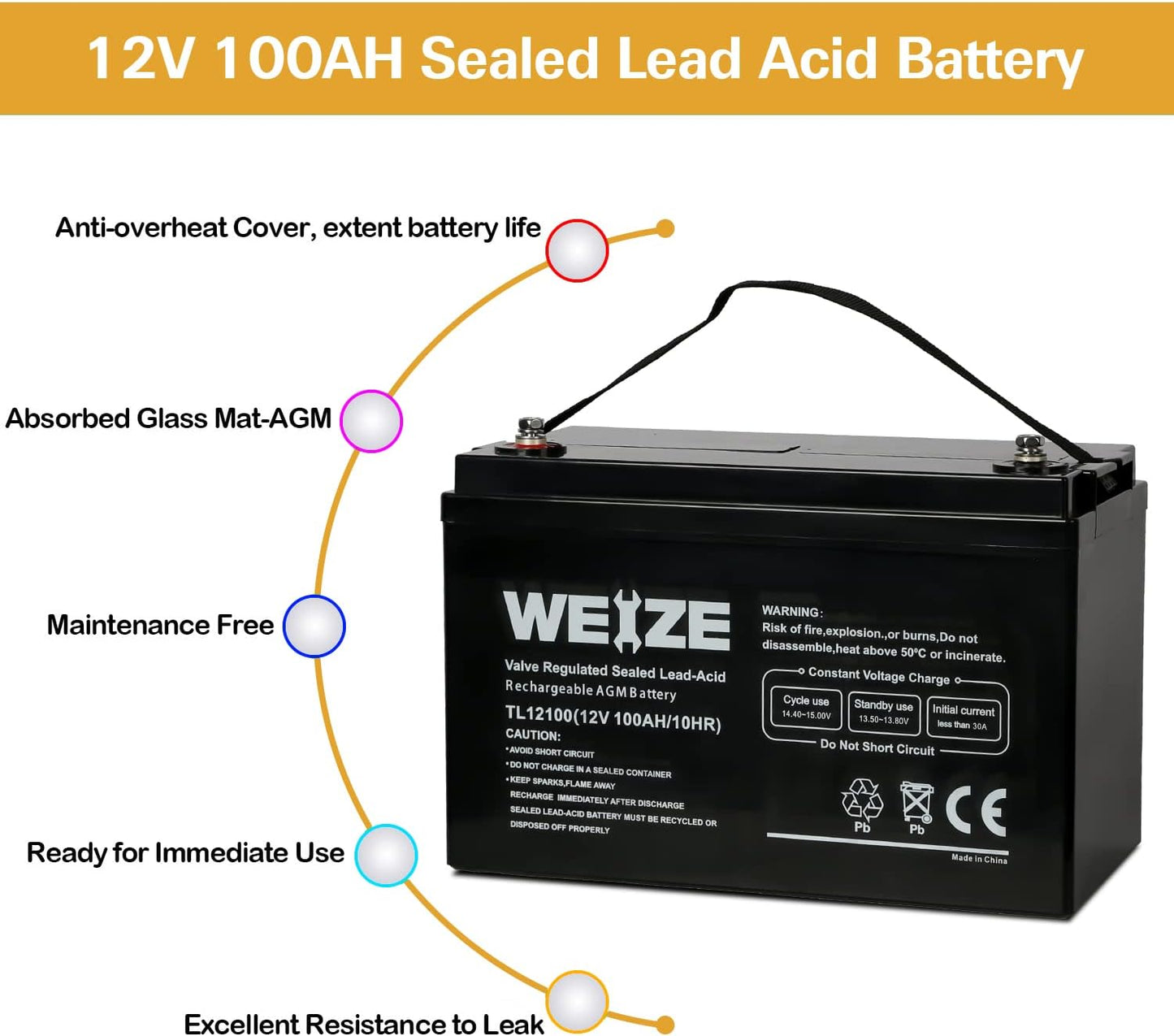 Weize 12V 100Ah Deep Cycle AGM Battery - Maintenance-Free, Low Self-Discharge for RV, Solar & Marine Use
