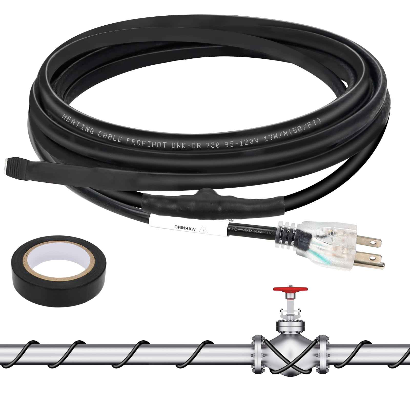 12FT Self-Regulating Pipe Heating Cable with Thermostat,Heat Tape for Water Pipe Freeze Protection,Pipes Heating Trace System for Home Supply Pipes,120V 5W/FT