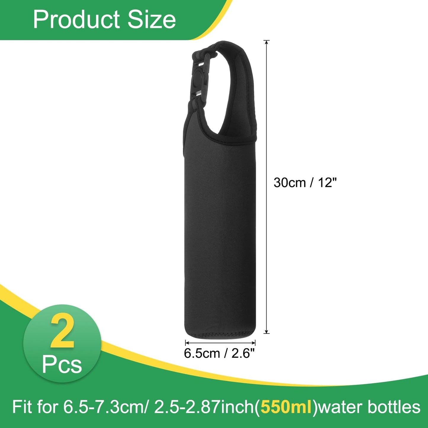 uxcell 2pcs Neoprene Carrier Water Bottle Sleeve, 15.5-20oz Insulated Water Glass Bottle Carrier Bag Collapsible Drink Bottle Sleeve Cover Holder with Handle, Black