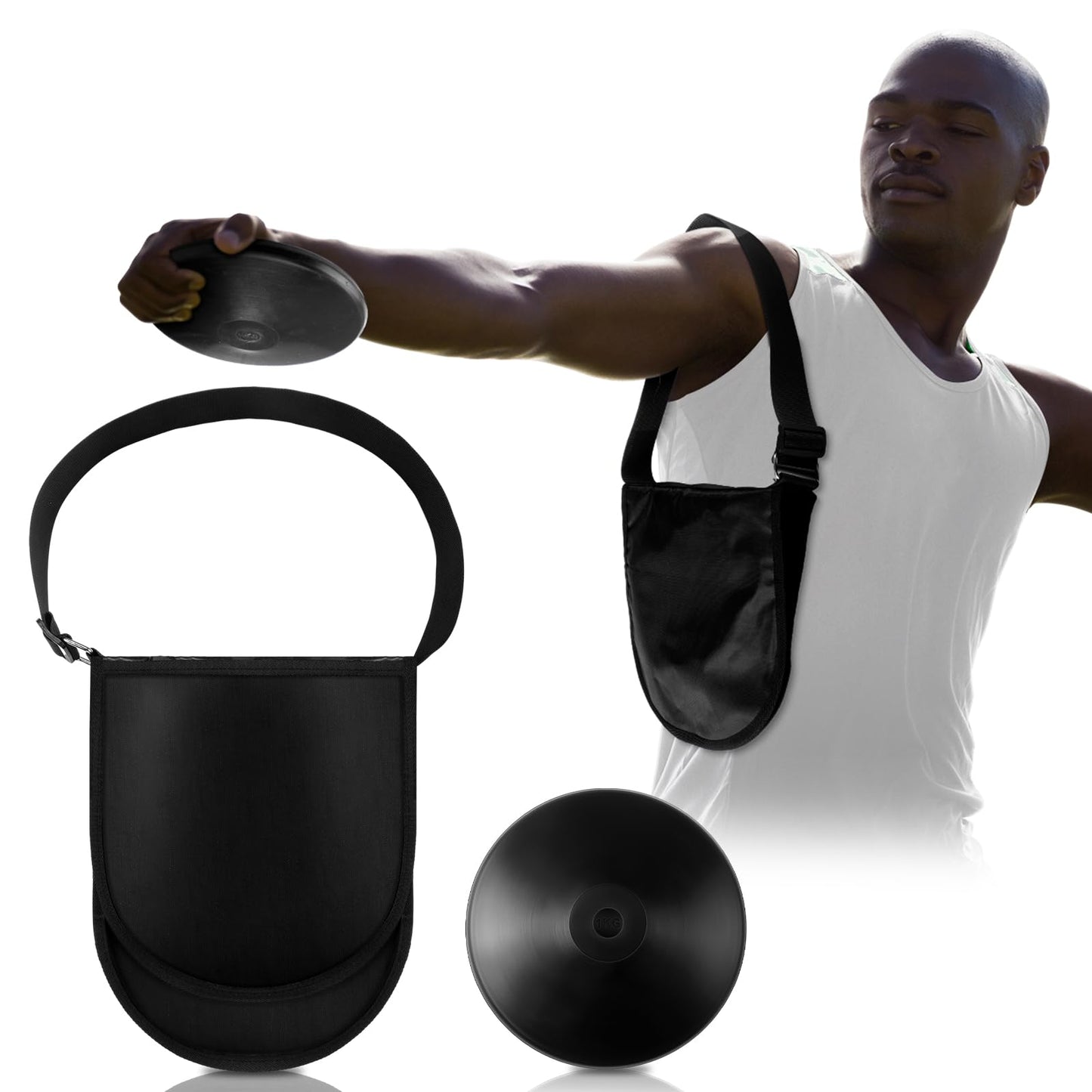 ShinyRelief 2 Pcs Rubber Discus and Discus Shot Carrier Bag 1kg Discus Field Shot Put Discus Carry Bag with 2 Pockets Adjustable Carrying Strap for High School College Thrower Track Field