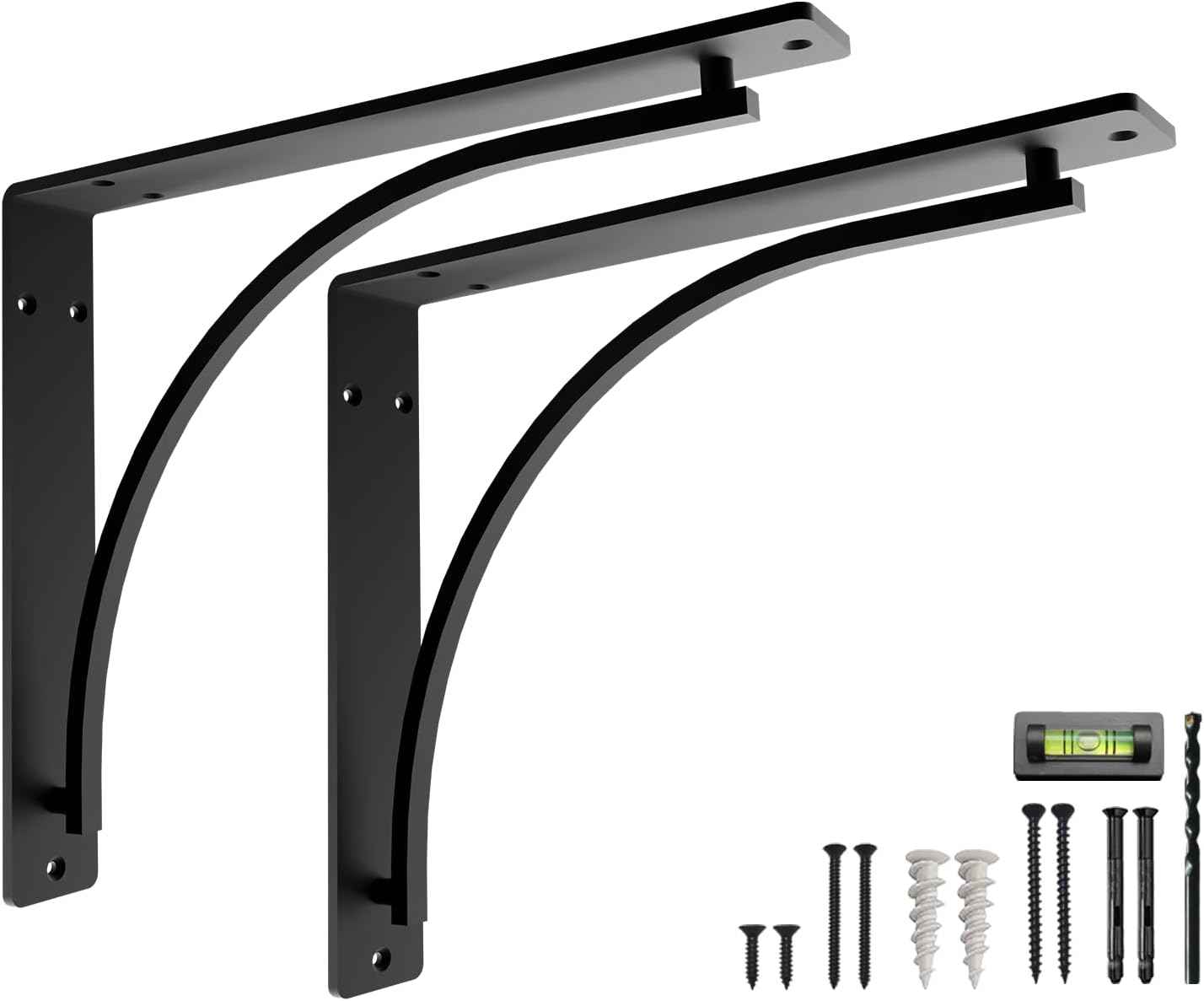 Heavy Duty 8-Inch Black Shelf Brackets - Wall Mounted L Bracket Set of 4 with Hardware