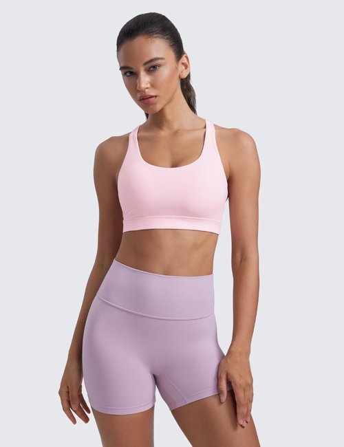 CRZ YOGA Naked Feeling Strappy Padded Sports Bras for Women - Fitness Workout Top Criss Cross Back Yoga Cami Strawberry Pink Medium