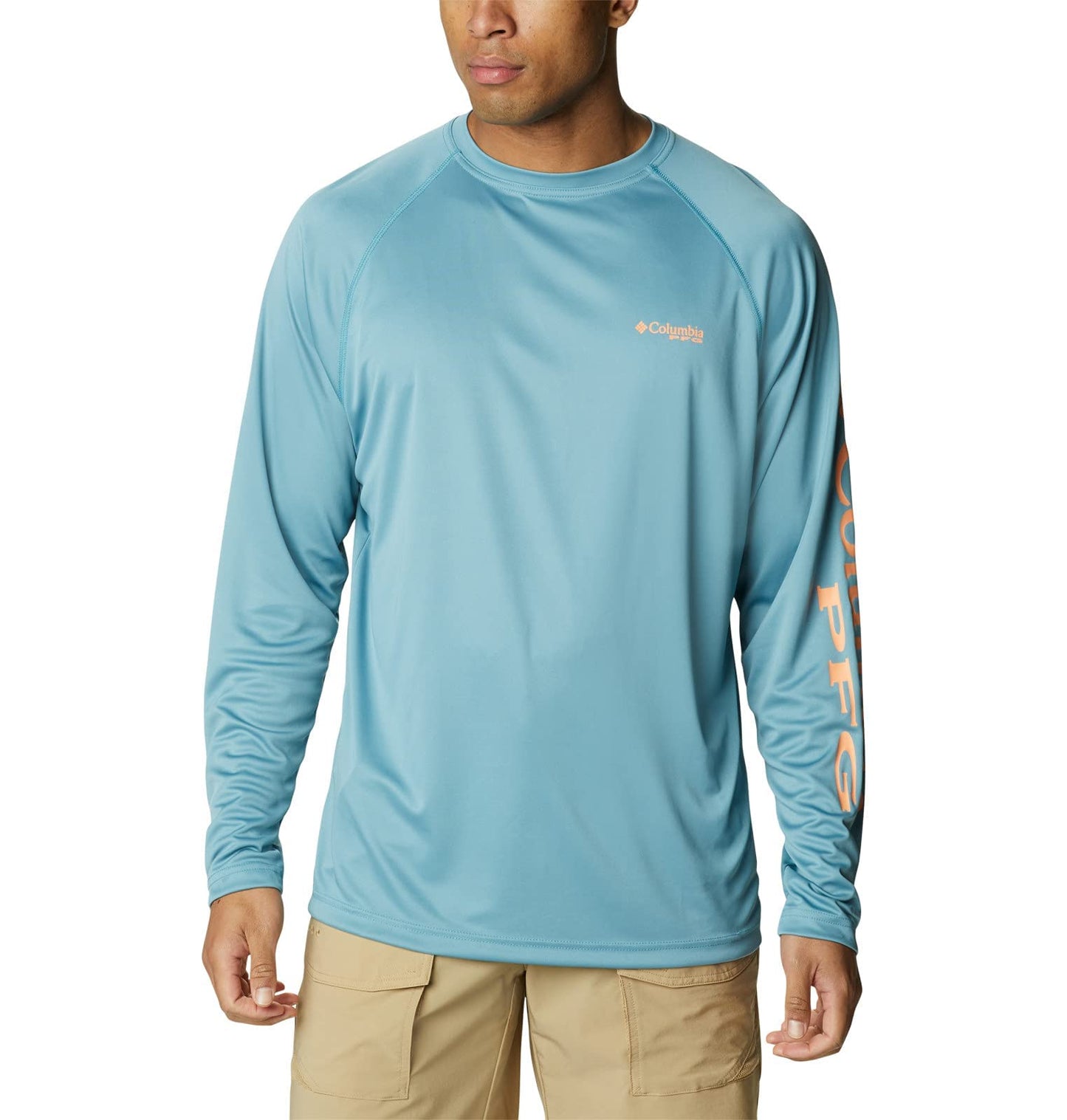 Columbia Men's Terminal Tackle Long Sleeve Shirt, Storm/Bright Nectar Logo, 4X Tall