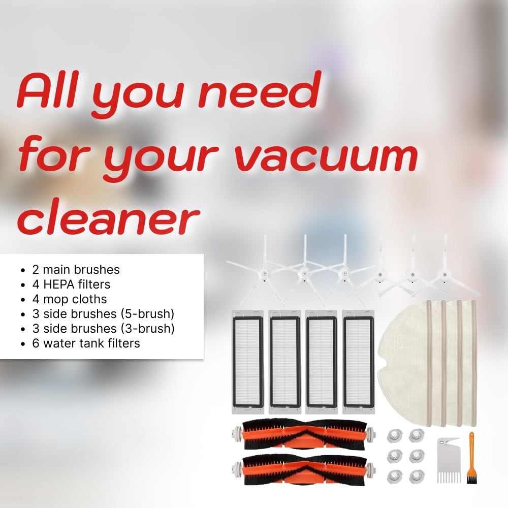 Accessories Kit Compatible With Roborock S4, S5, S6, E4, E20, E25, E35, S50 - Main Brush x2, Filter x4, Mop x4, Side Brushes x6, Water Valve x6 - Replacement Parts by Apex Essentials