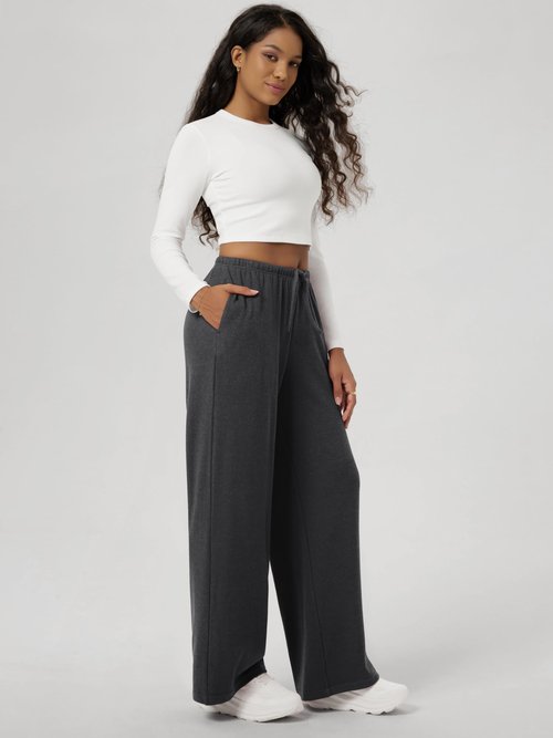 ODODOS Women's Stretch Fleece Wide Leg Sweatpants – Ultra-Soft Cozy Warm High-Rise Relaxed Lounge Pants with Pockets - 29" Inseam, Charcoal Heather, Small