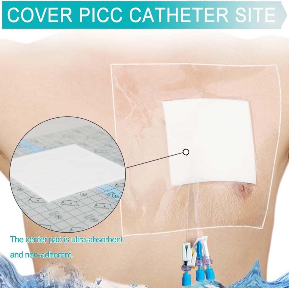 12"x15.7" Waterproof Dialysis Port Shower Covers Protector for Chest with No Glue On The Center, PICC Line Chest Port Shield Island Bandage Dressing Accessories, Pack of 7