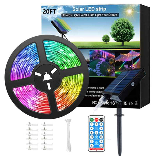Meewata 20ft Solar LED Strip Lights (Multicolor Fixed) - 336 LEDs Auto On/Off, 8 Modes with Remote Timer, Waterproof Self-Adhesive for Outdoor Decor, Patio, Poolside, Camping