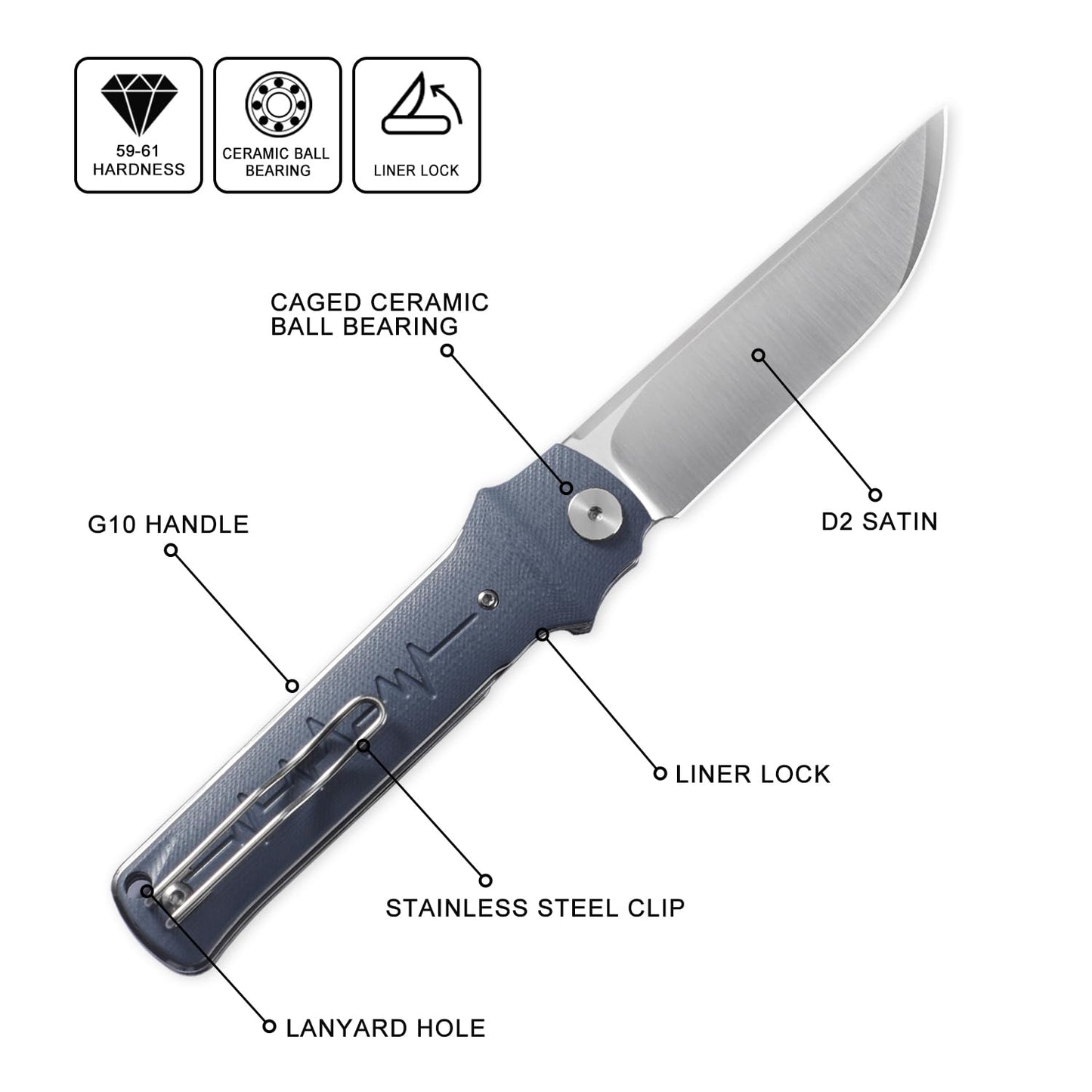Petrified fish PFB04 Tena Folding Knife, 3.82" D2 Steel Satin Blade G10 Handle Pocket Folding knife for EDC Camping Outdoor (Gray Satin)