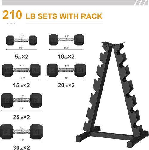 GarveeLife Premium Hex Dumbbell Weight Set - Rubber Coated, 210 LBS (6 Pairs) for Home Gym Workouts