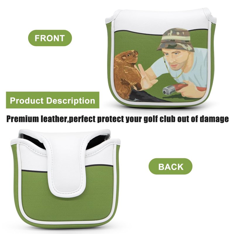 Golf Square Heel Shaft Mallet Putter Cover Headcover, Funny Design Magnetic Closure Elegant Embroidery Premium Leather Putter Headcovers (White Gopher)