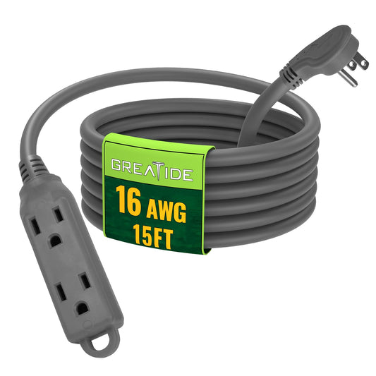 GREATIDE 15 Ft Flat Plug Extension Cord，16/3 SJT Indoor Low Profile 3 Outlets Extension Cable with 45° Angled Flat Plug, Multiple Outlets Extension Cord, Grey