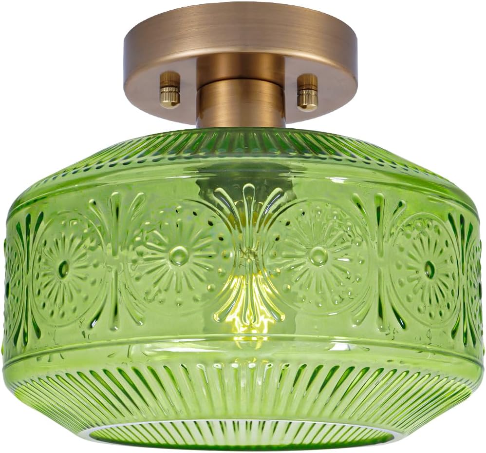 Vintage Semi Flush Mount Ceiling Light Fixture - Brass & Thickened Glass for Hallway, Entryway, Bedroom, Bathroom