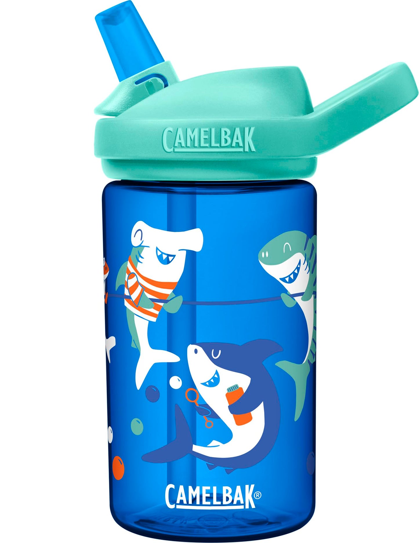 CamelBak Eddy+ Kids Bite Valve Straw Tritan Renew Water Bottle Shark Summer Camp, 14oz