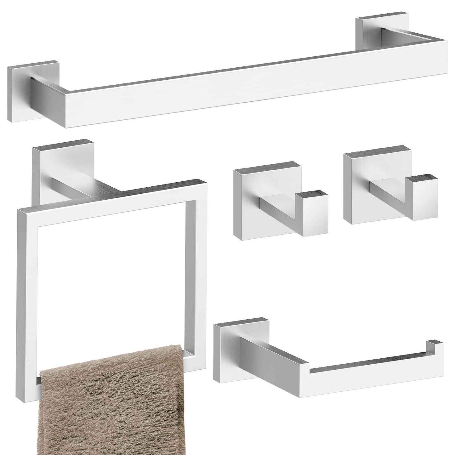 HAWKROWN 5-Pieces Bathroom Hardware Set, SUS304 Stainless Steel Wall Mounted 16 Inch Hand Towel Bar, Toilet Paper Holder, Towel Ring, Towel Hooks, Bathroom Towel Bar Set, Brushed Nickel
