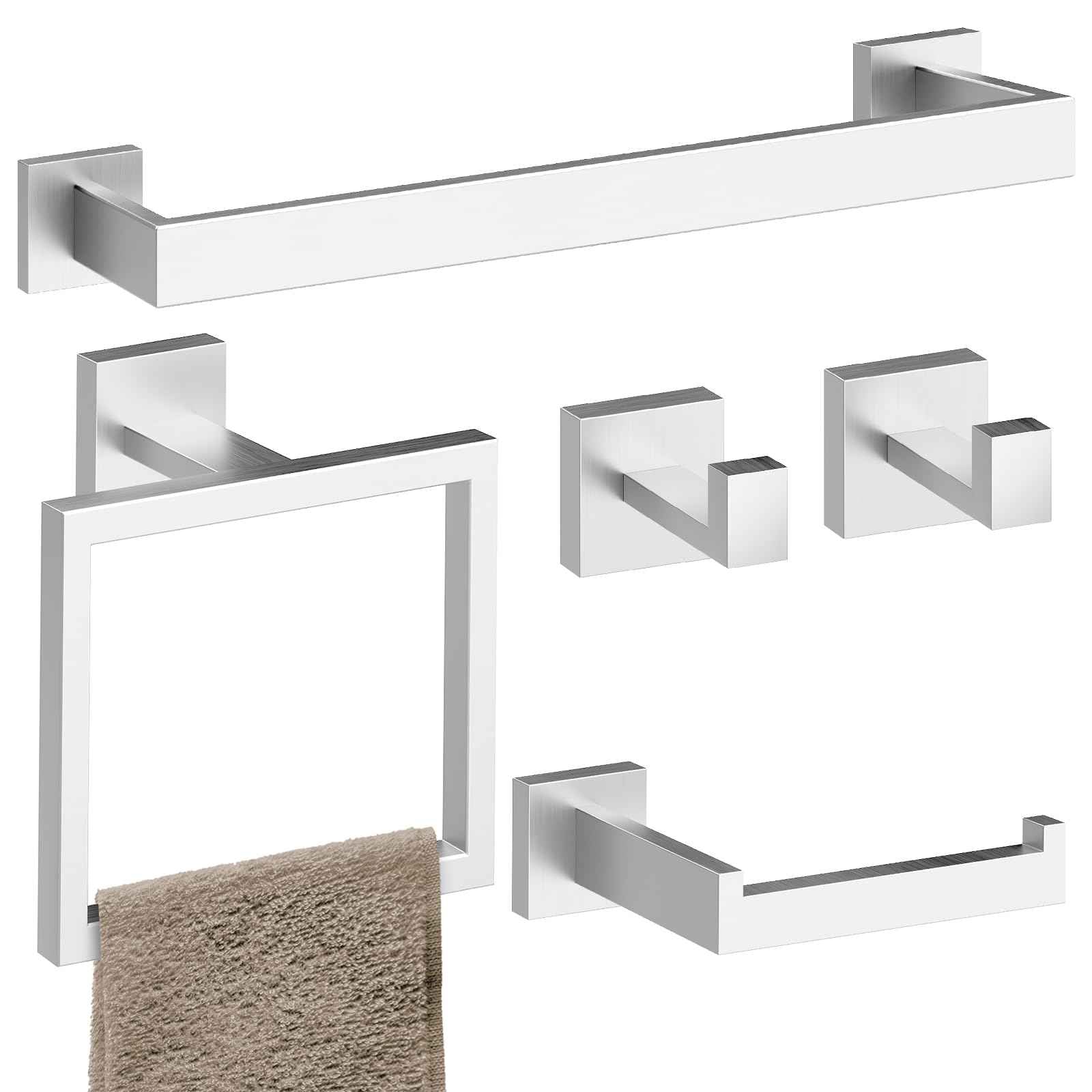 HAWKROWN 5-Pieces Bathroom Hardware Set, SUS304 Stainless Steel Wall Mounted 16 Inch Hand Towel Bar, Toilet Paper Holder, Towel Ring, Towel Hooks, Bathroom Towel Bar Set, Brushed Nickel