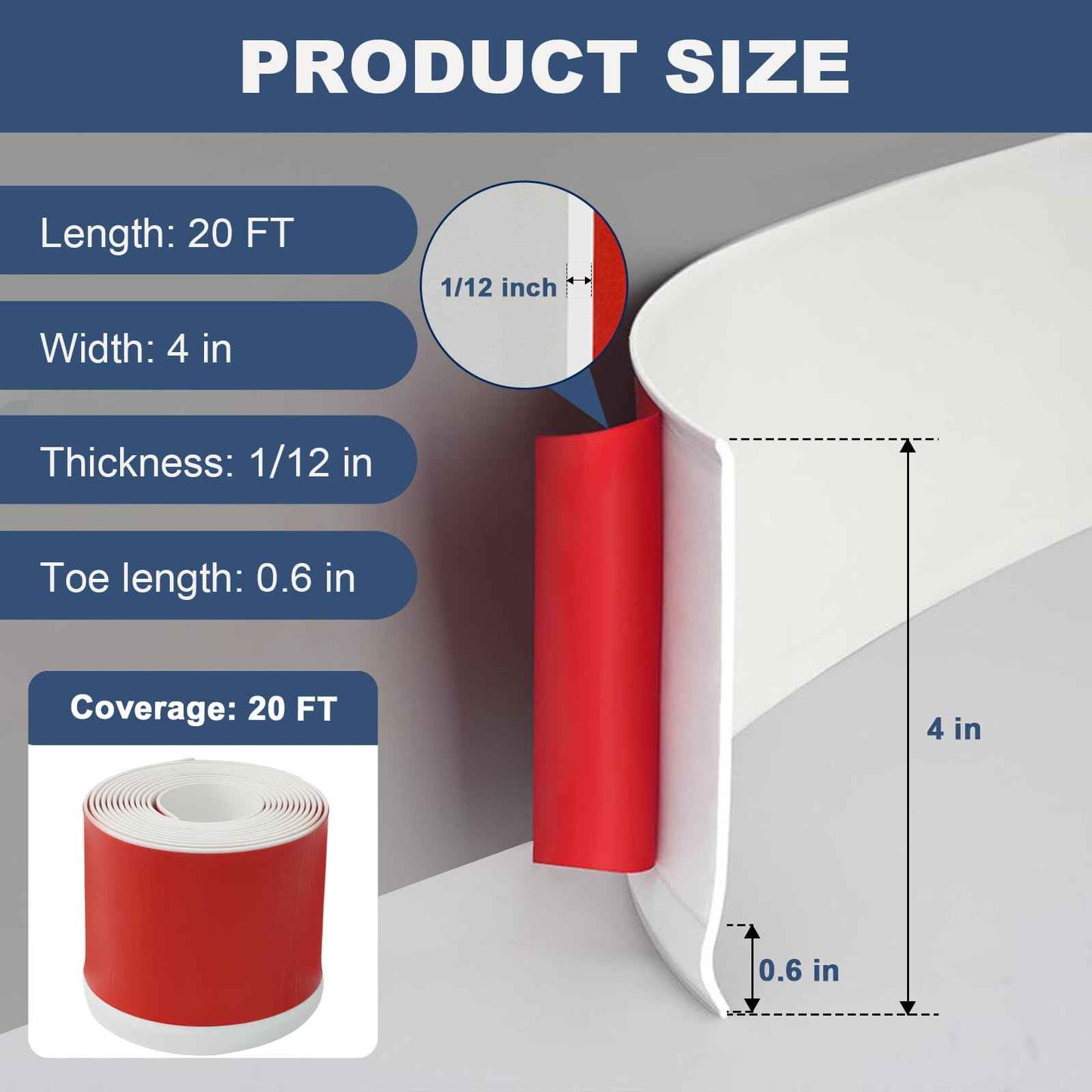 DSGL Flexible Baseboard Molding Trim, 4 in x 20 Ft Self-Adhesive Vinyl Wall Base,Peel and Stick Rubber Wall Base Moulding Trim (White)