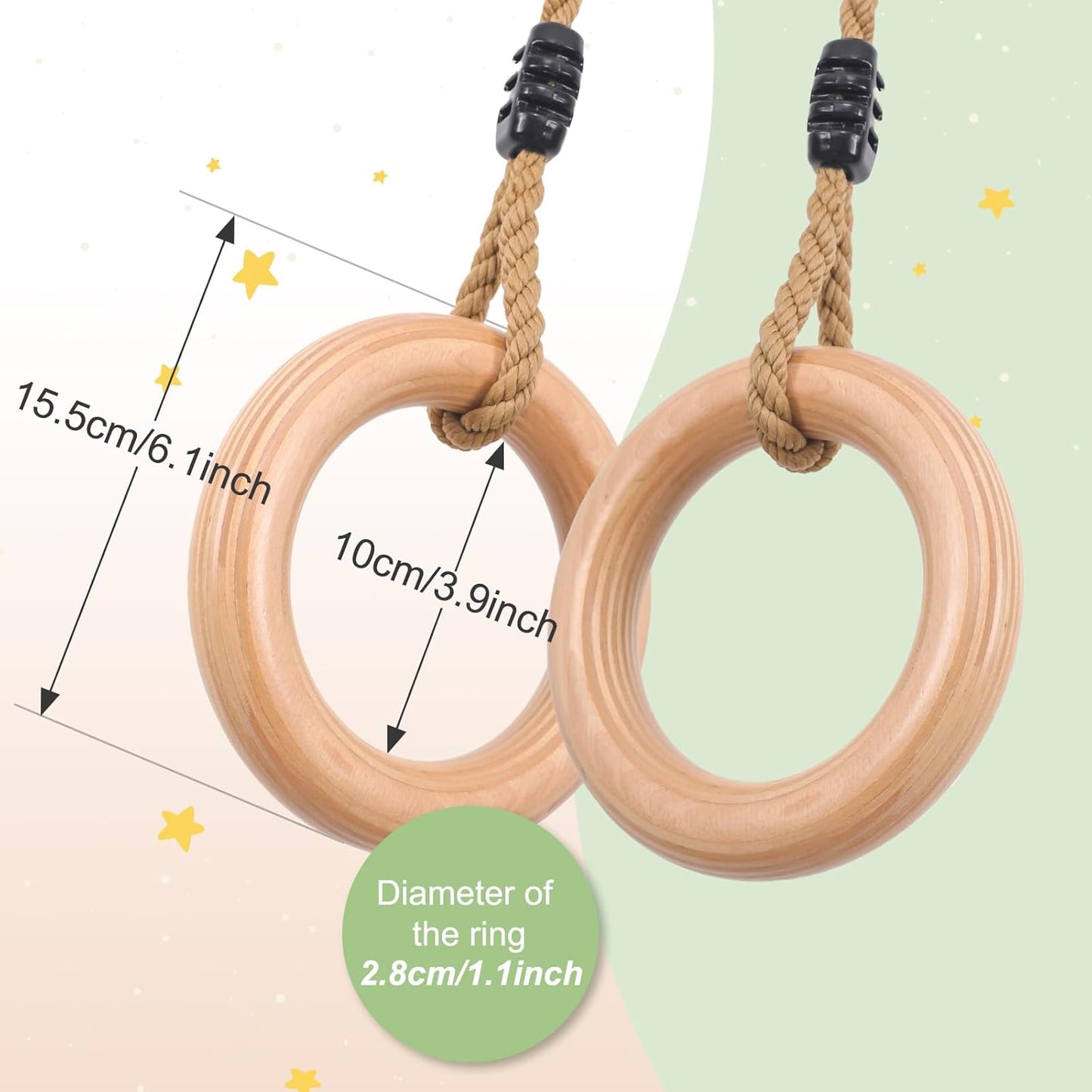 YAERSI Wooden Gymnastics Rings - Adjustable Pull-Up Rings for Kids' Home Exercise | Durable & Safe