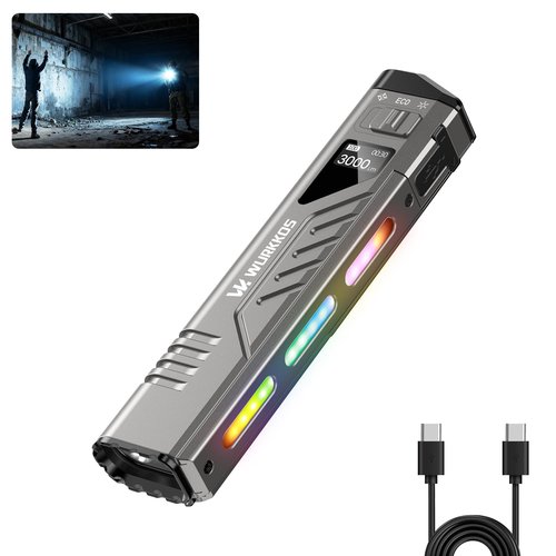 Wurkkos TD11 Tactical Flashlight, 3000 Lumen Slim Flat EDC flashlight, USB-C Rechargeable Flashlights with OLED Display, Dual Tactical Buttons, Spotlight/Floodlight/RGB, IPX6 for Camping & Emergencies