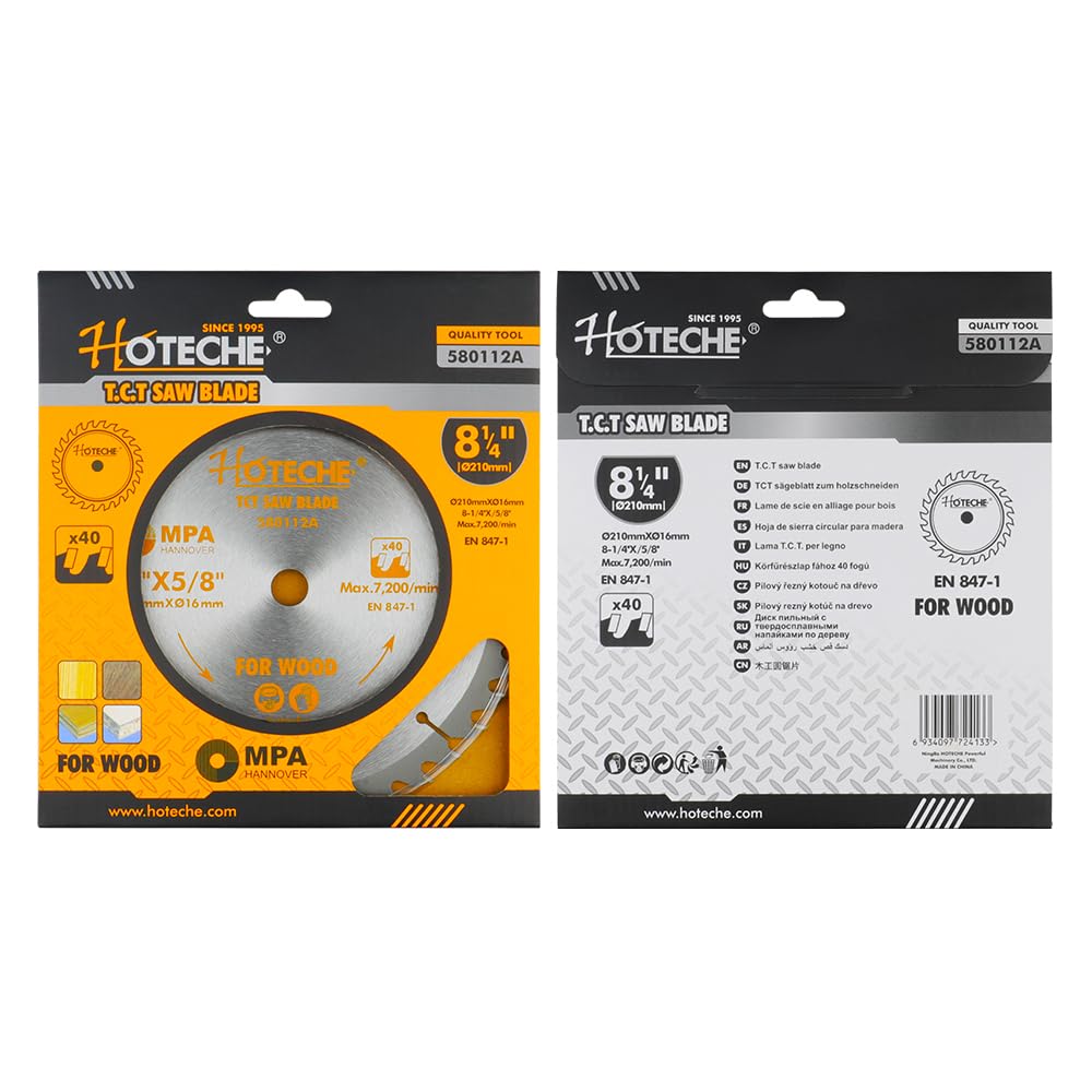 Hoteche 8-1/4-Inch Circular Saw Blade for Wood 40-Tooth Tungsten Carbide-Tipped Blade High-Performance Professioal Saw Blade for Miter Saw and Table Saws, Hole Size 5/8-inch