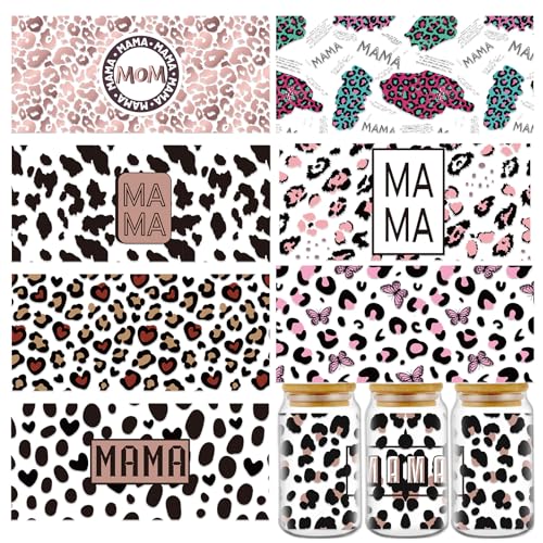 Leopard Print UV DTF Cup Wraps - 8 Waterproof Sheets for 16 oz Cups