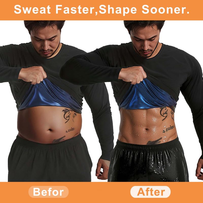 Men's Sauna Shirt - Long Sleeve Slimming Sweat Suit, Black Large