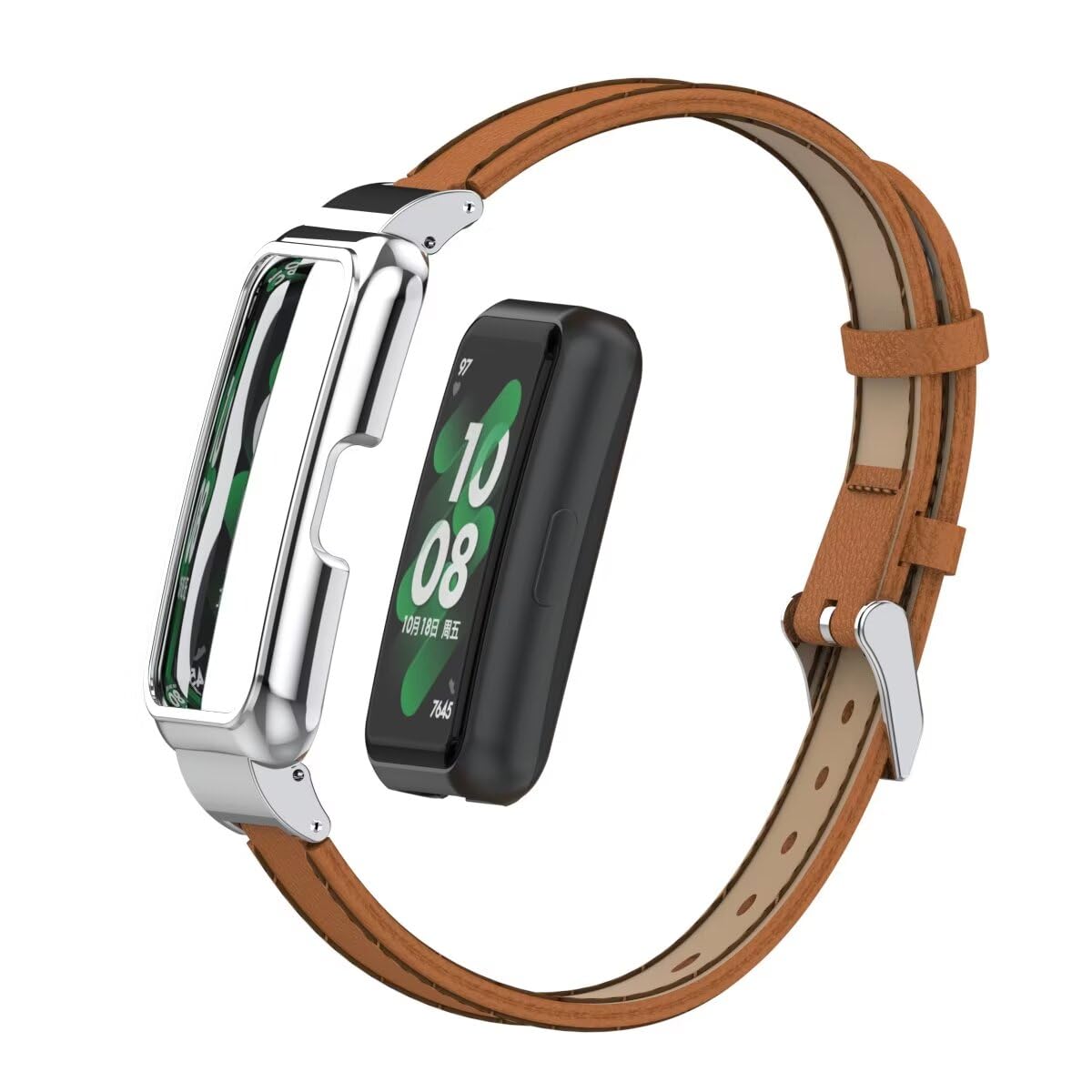 T-BLUER Bands Compatible for Huawei Band 10/9/8/7,Leather Replacement Bracelet Strap Accessories with Metal Frame for Huawei Band 7/8/9/10 Brown