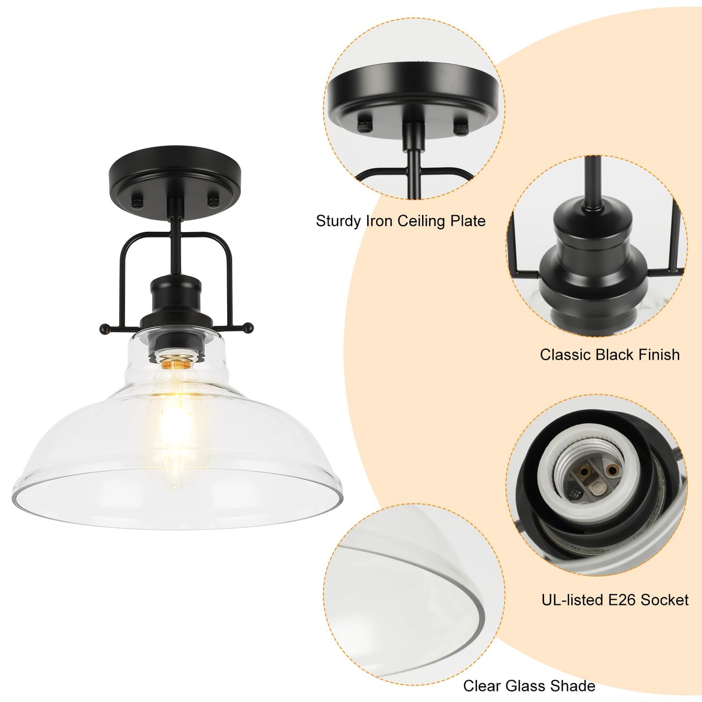 WILON 2 Pack 11'' Semi Flush Mount Ceiling Light Fixture with Clear Glass Shade Black Ceiling Light Modern Farmhouse Lighting Fixture Ceiling Lamp for Kitchen Hallway Dining Room Porch Foyer