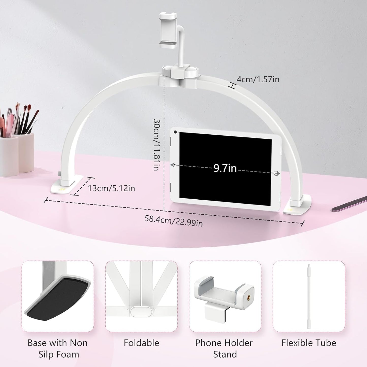 Yokilly Foldable Half Moon Nail Desk Lamp with Phone Holder - 3 Color Modes & 10 Brightness Levels for Manicure Salon