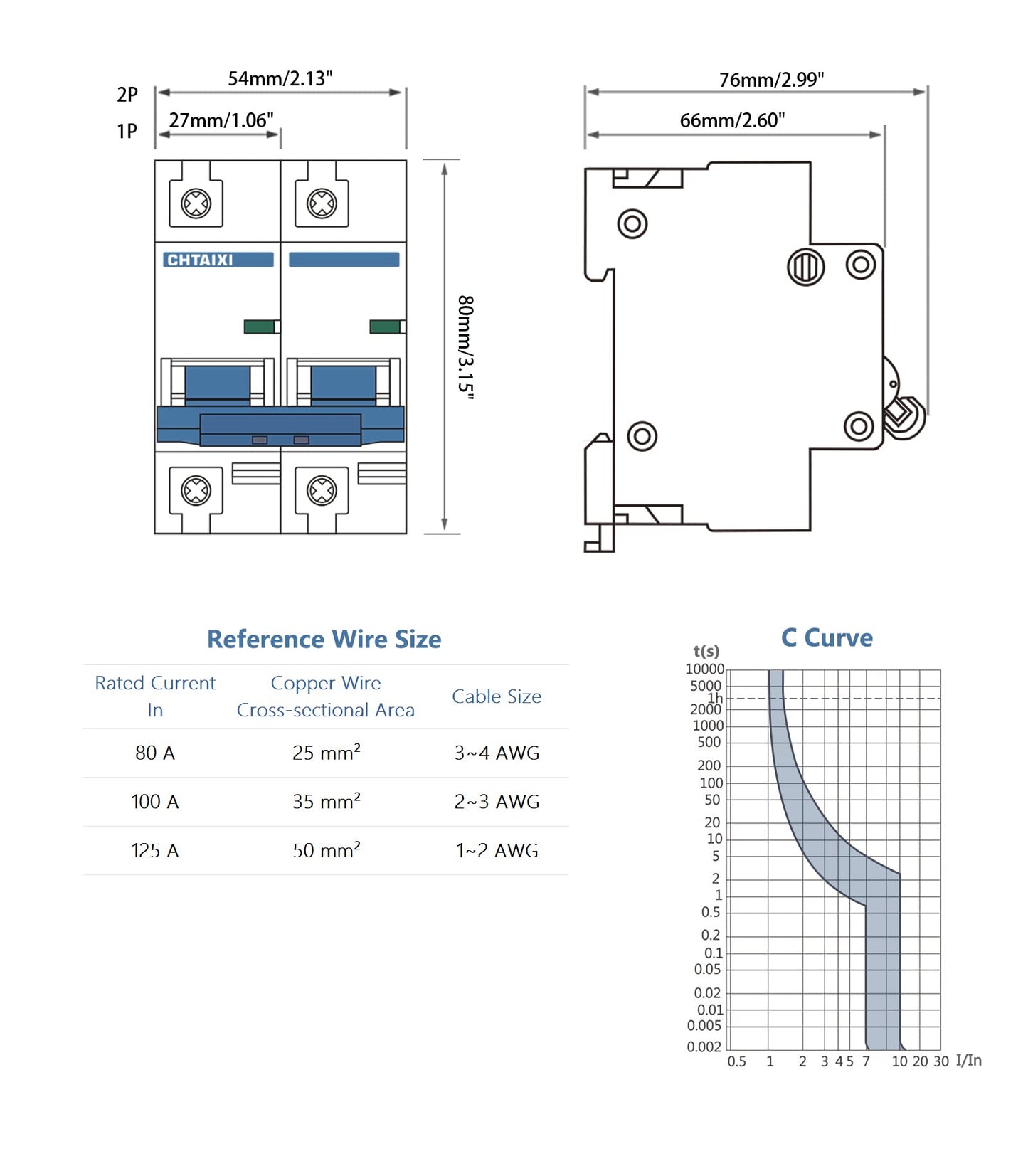 Chtaixi DC Miniature Circuit Breaker, 2 Pole 500V 80 Amp Isolator for Solar PV System, Thermal Magnetic Trip, DIN Rail Mount, High Current DC Disconnect Switch MCB 2P C80