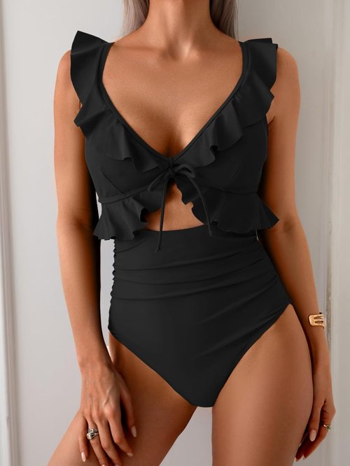 Eomenie One Piece Swimsuit - Tummy Control Ruffle Bathing Suit | V Neck Ruched Design, Slimming Fit