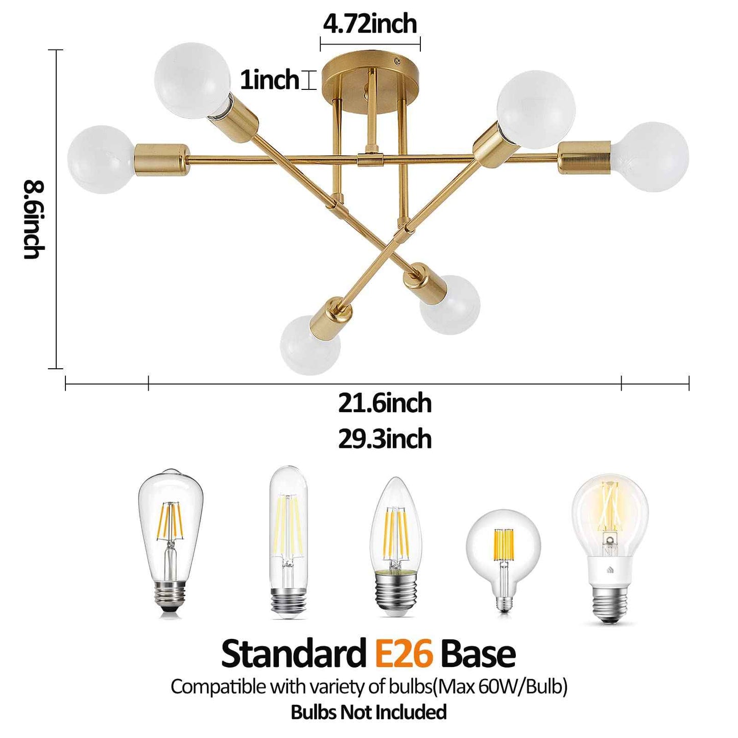 YXTH Semi Flush Mount Ceiling Light Fixture, 6 Lights Modern Sputnik Chandelier Ceiling Lamp with E26 Bulb Base, Light Fixtures Ceiling Mount for Bedroom Kitchen Living Room Hallway (Gold)