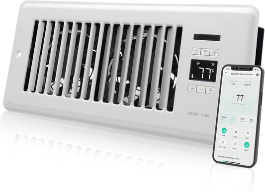 Smart 4" x 10" Register Booster Fan with WiFi Control & Dual Thermostat - Super Quiet AC Vent Fan (White)