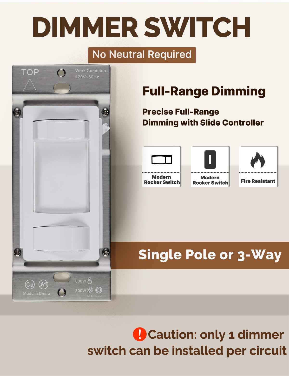 MOES Dimmer Light Switches 10pcs, 3 Way & Single Pole Dimmable Switch for LED,CFL,Incandescent,Halogen, 600Watt Max, ON/Off Switch with Dimming Slide, No Neutral Wire Required