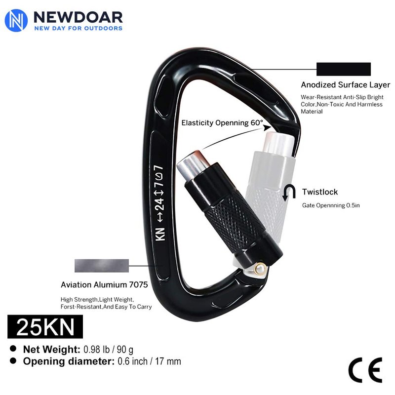 NewDoar 24KN Auto Locking Climbing Clips D-Shaped Heavy Duty for Camping, Hiking, Swing, Hammock(Black/2Pcs/24kn)