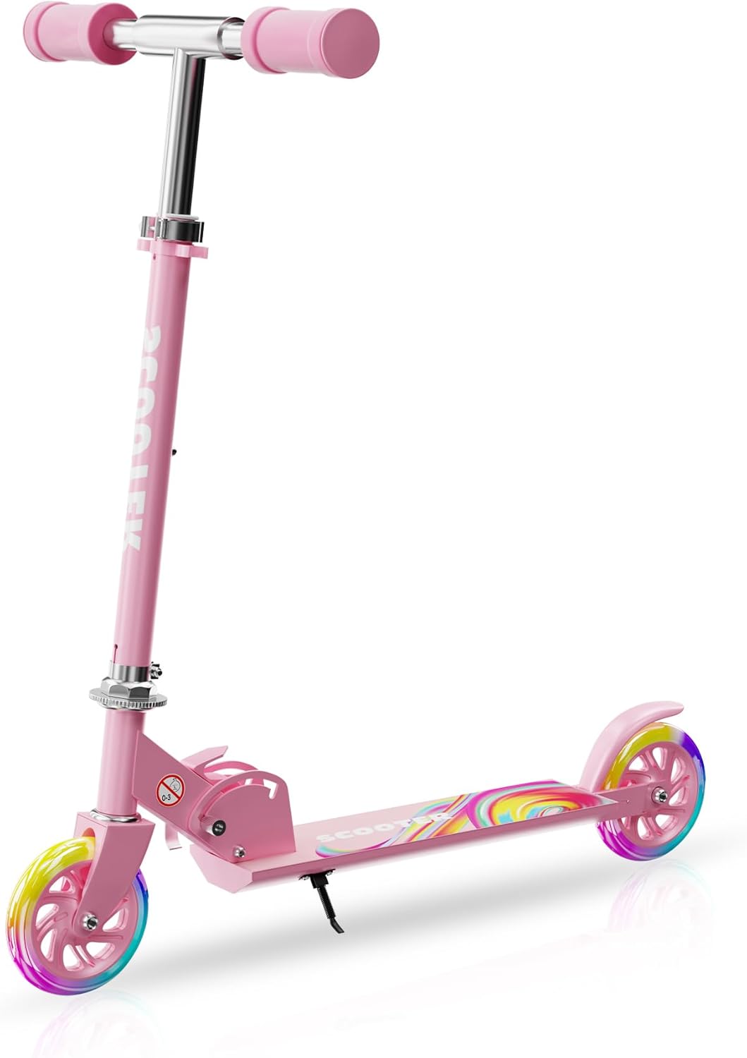 Skiennix Kids Kick Scooter - Adjustable 3-Level Height, Lightweight & Foldable - Pink LED Lights