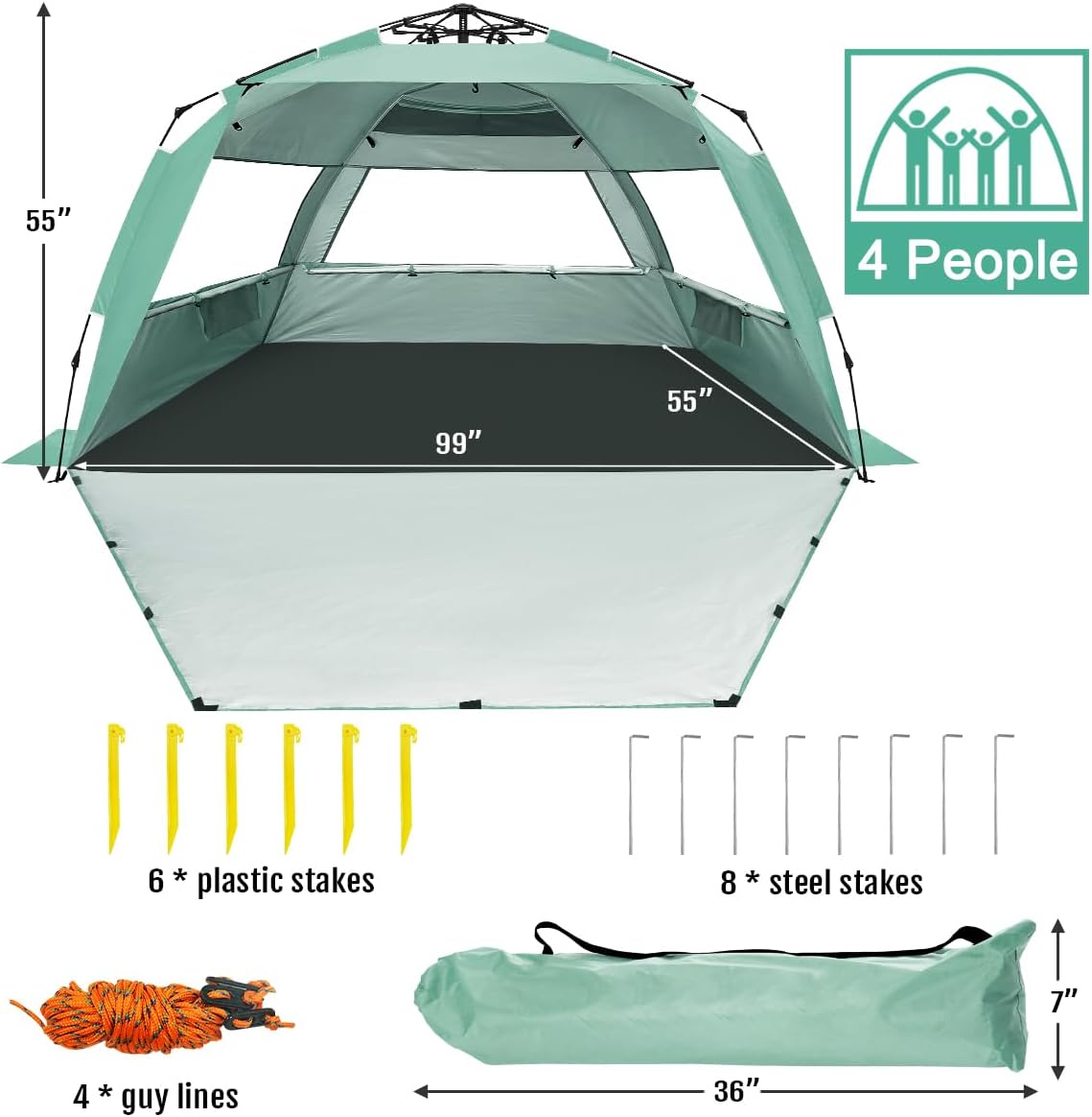 WhiteFang Deluxe Beach Tent - UV Protection Sun Shade Shelter for 3-6 People | Extendable Floor, 3 Windows, Carrying Bag Included