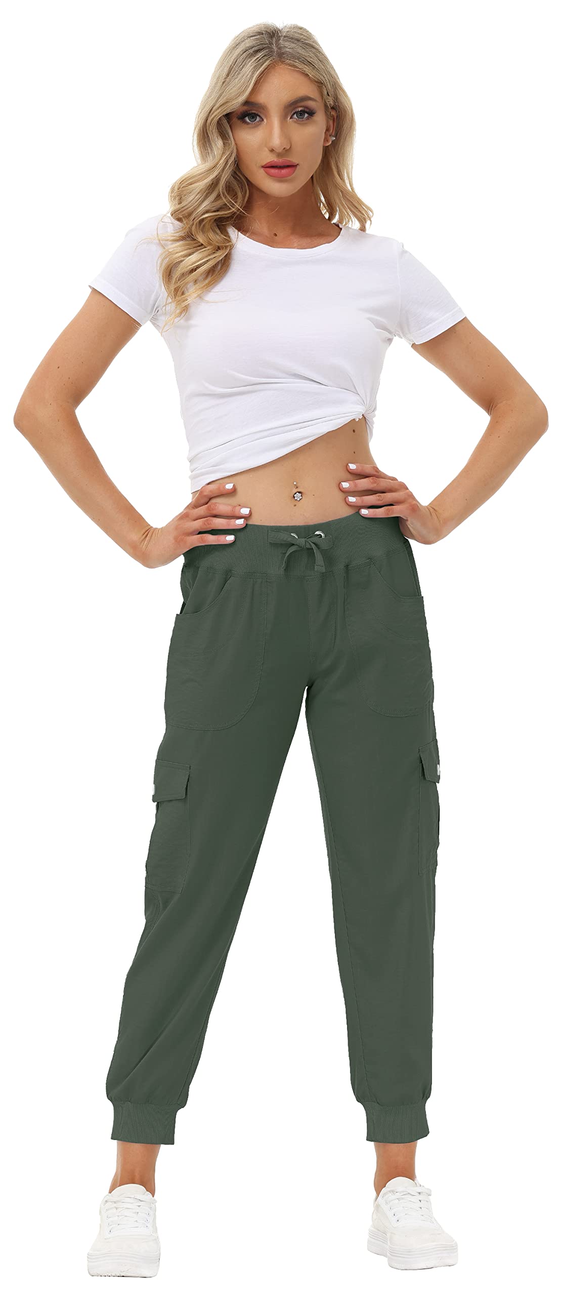 MoFiz Women's Hiking Pants Cargo Joggers Sweatpants with Pockets Lightweight Quick Dry Outdoor Summer Casual Athletic Elastic Waist Army Green 3XL
