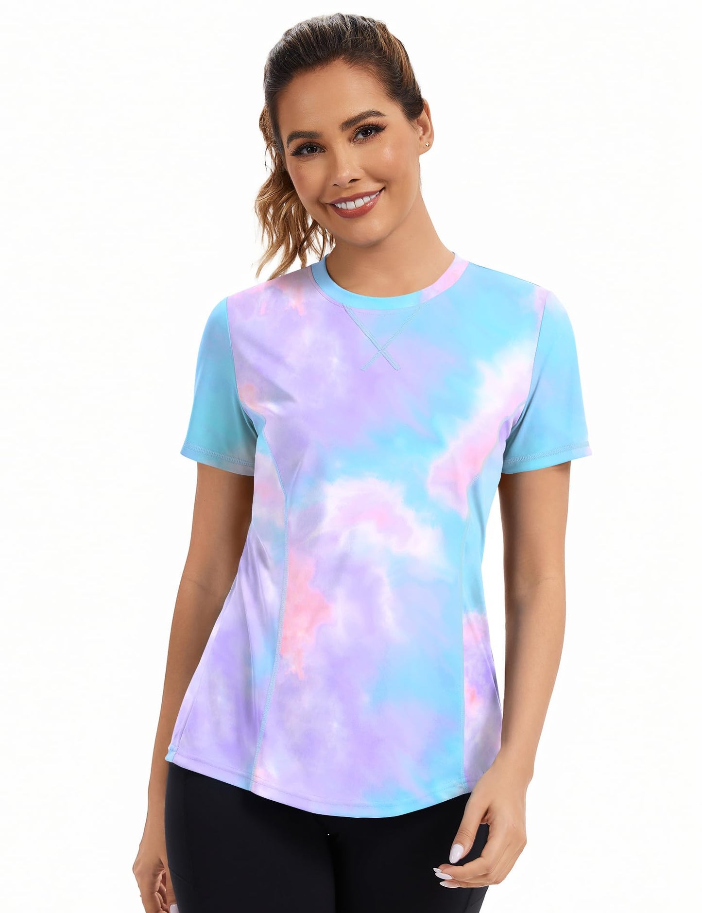 Avoogue Short Sleeve Workout Tops for Women Athletic UPF 50+ UV Protection Shirts Rashguard Pilates Gym Shirts(Colorful Tie Dye,L)