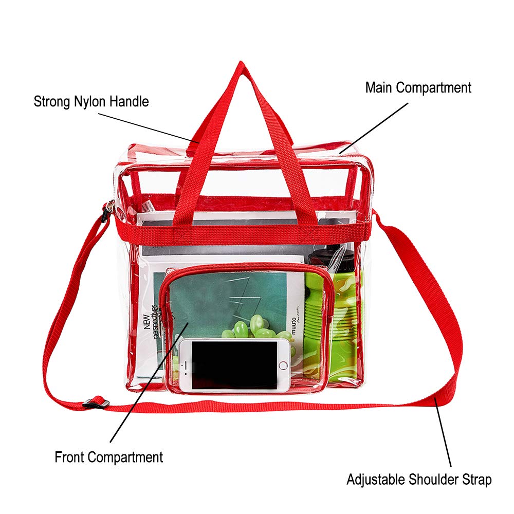 Clearworld 12x6x12 Clear Stadium Bag with Front Accessory Pocket, Red