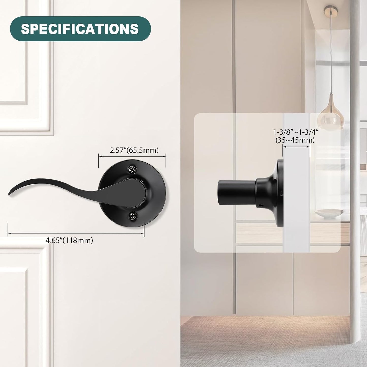 Black Privacy Door Levers - 6 Pack Keyless Modern Wave Handles for Bedrooms